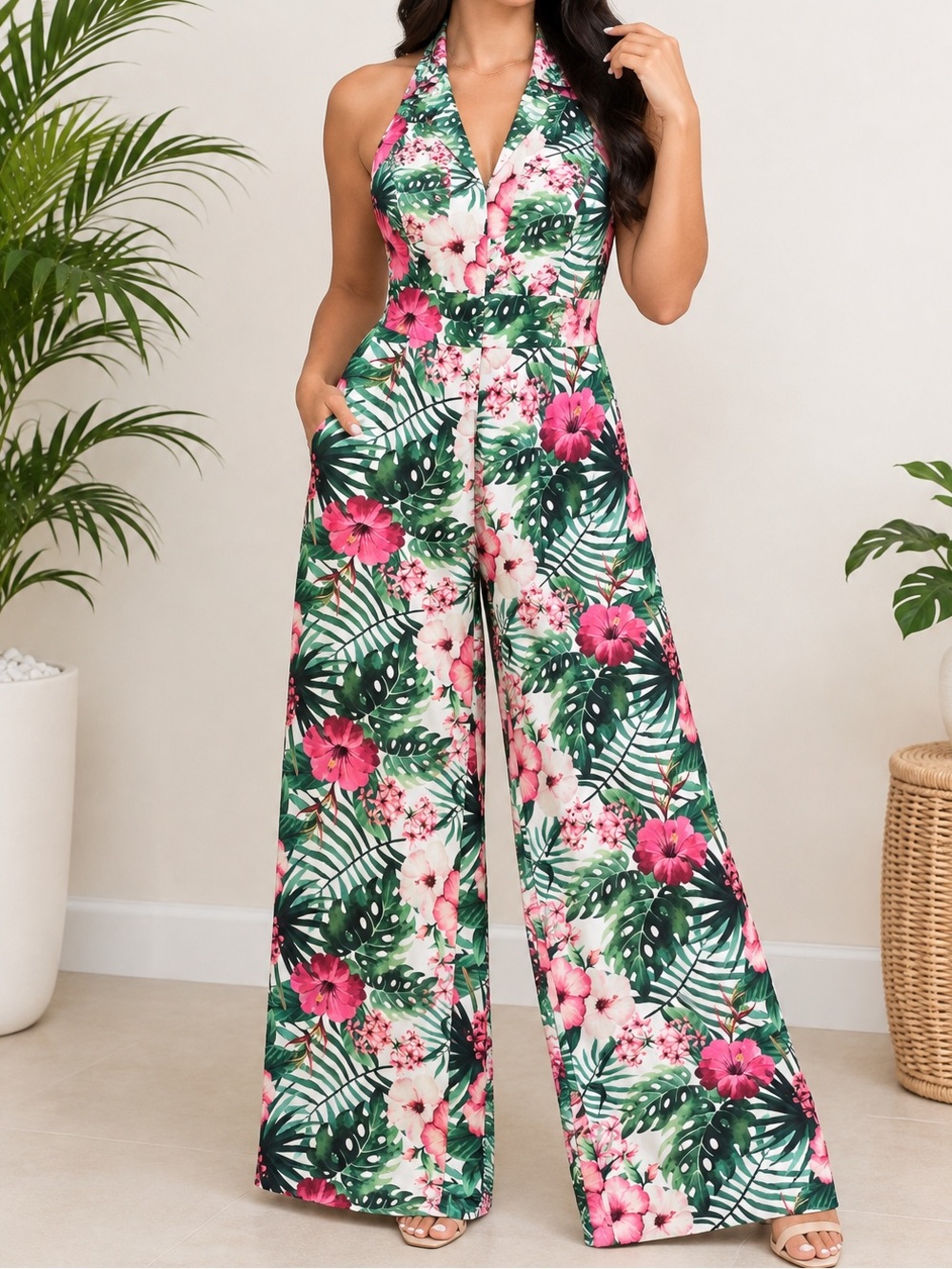 Fashion Nova Green & Pink Tropical Halter Wide-Leg Jumpsuit